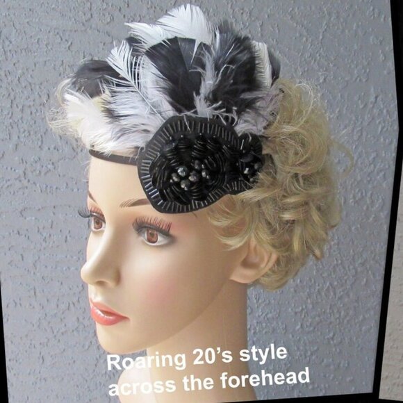 Fascinator / Headband, Black beads + black & white feathers on narrow black band - Picture 1 of 14